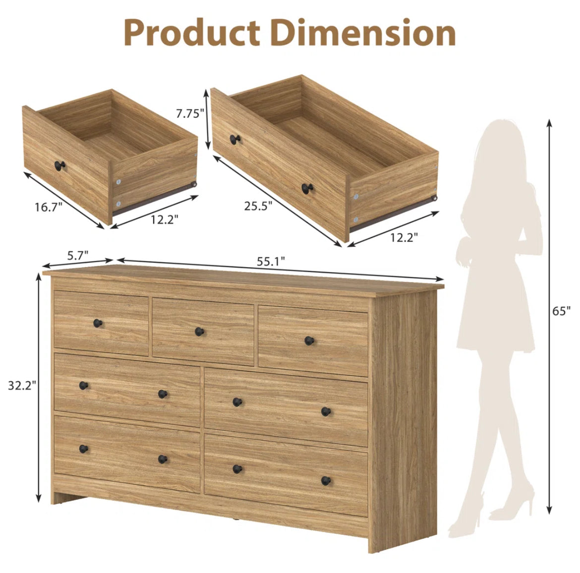 7-Drawer Wide Wooden Dresser