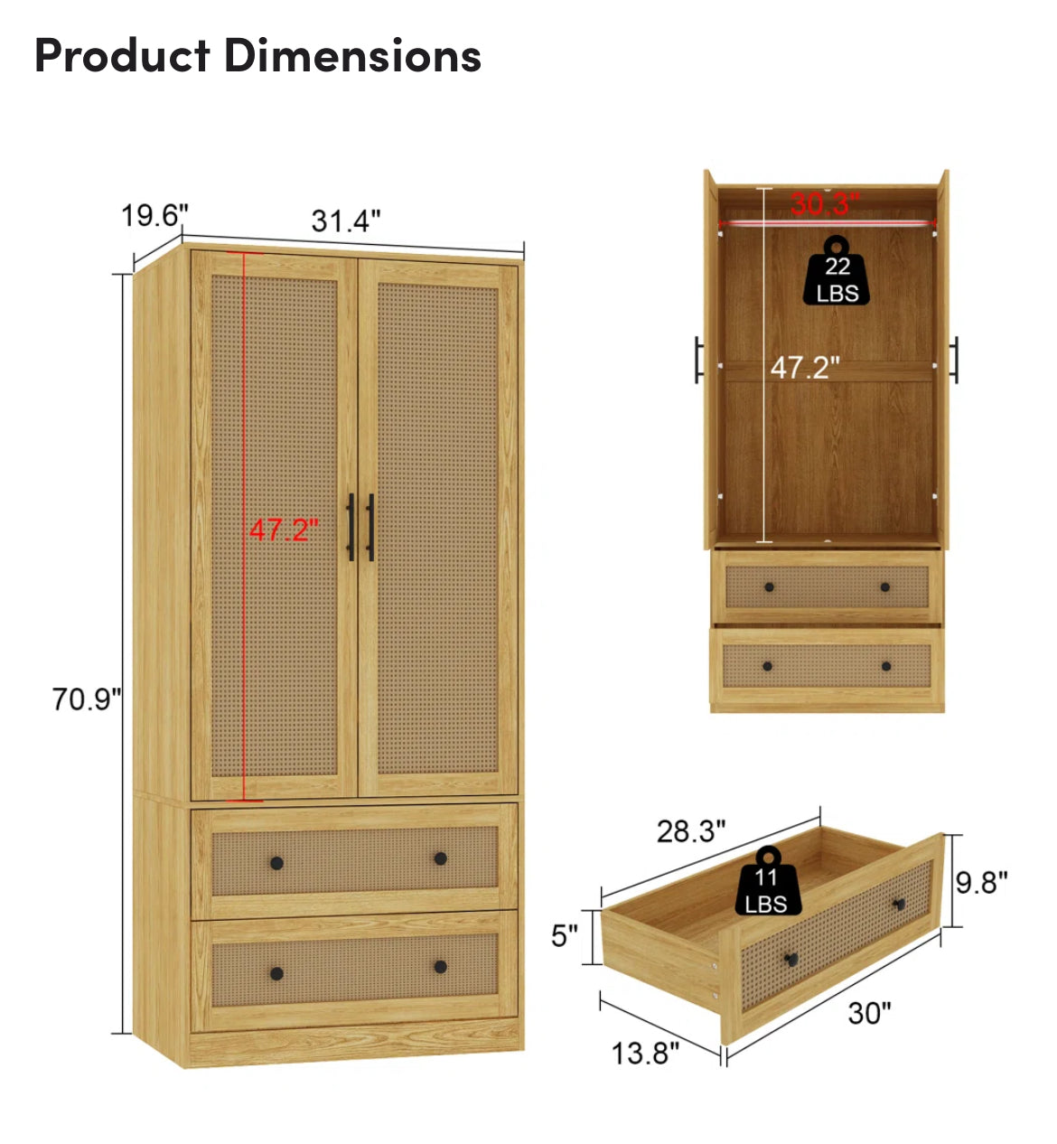 31” Bedroom Rattan Armoire