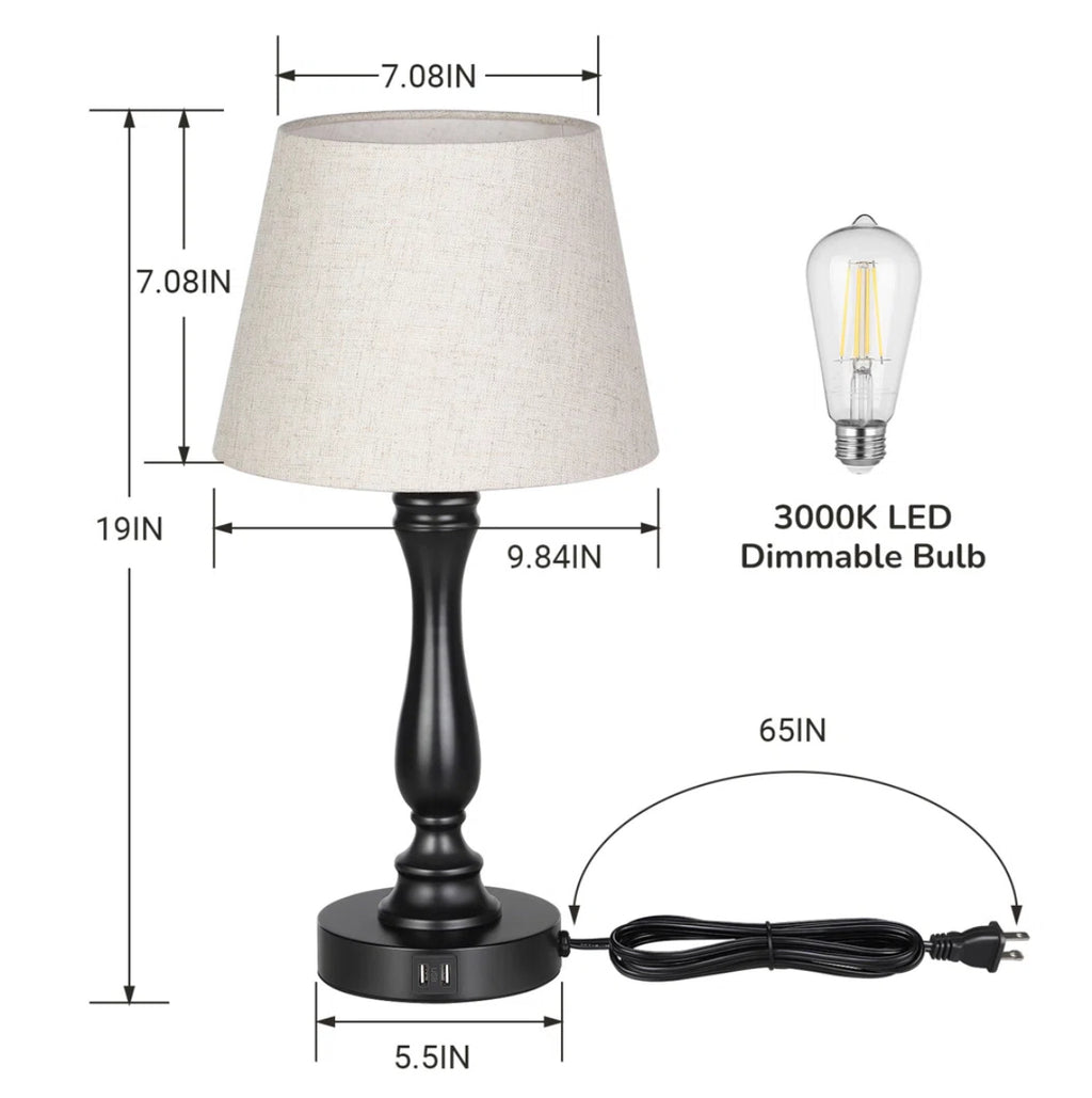 19" Table Lamp w/ USB & Touch Control