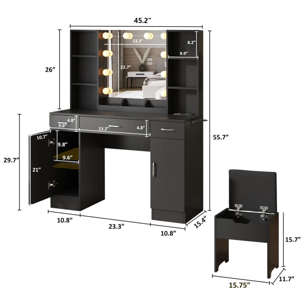 45” Vanity Desk w/ LED Lights in 3 Colors & Power Outlet