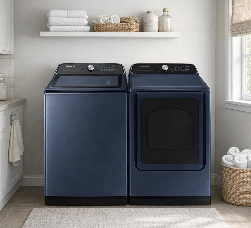 Samsung Navy Top Load Washer & Dryer w/ Steam Santize