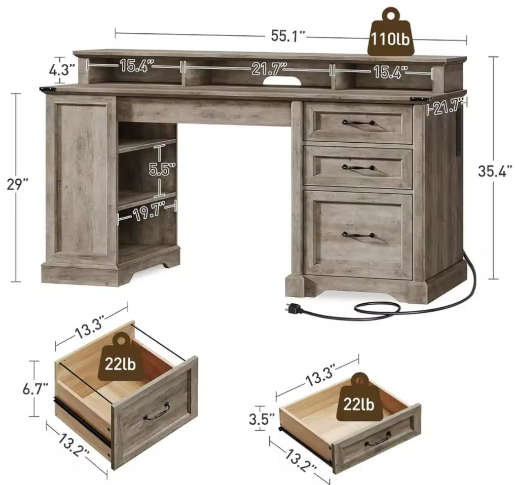 55” Farmhouse Office Desk w/ 3 Drawers & Charging Station