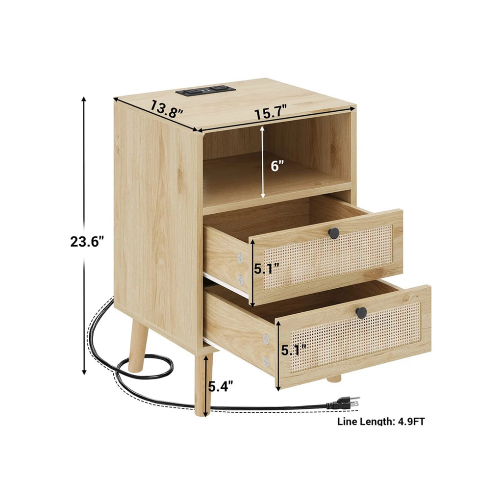 Rattan Nightstand w/ LED & Charging Station