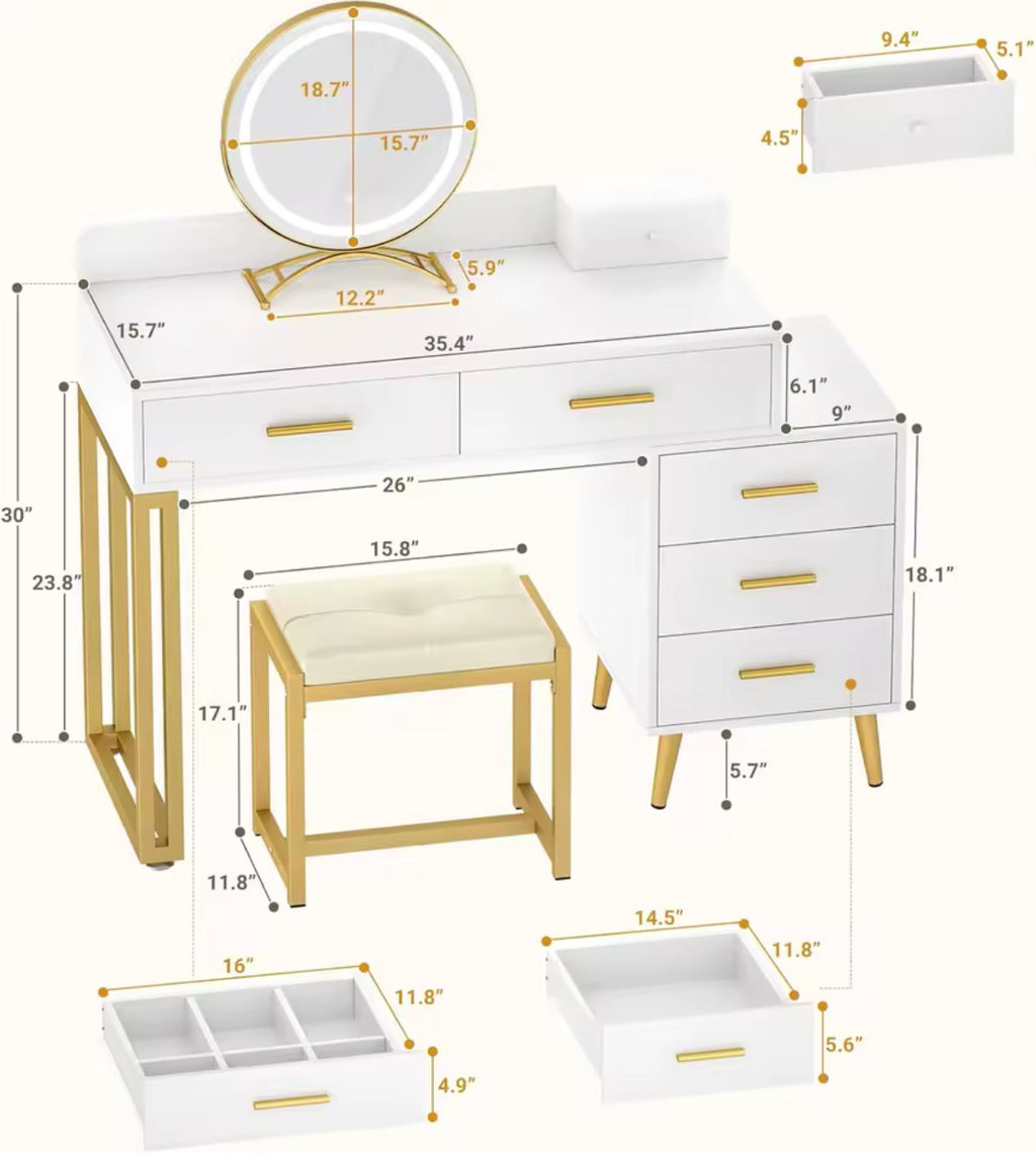 35” Vanity Desk w/ LED Mirror & 6 Drawers