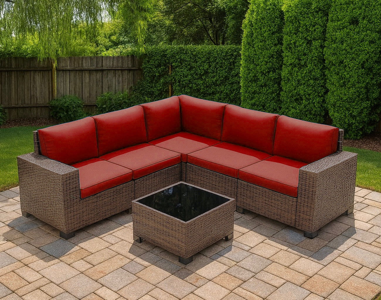 Multi-piece Outdoor Sectional Furniture Set w/ Glass Top Table