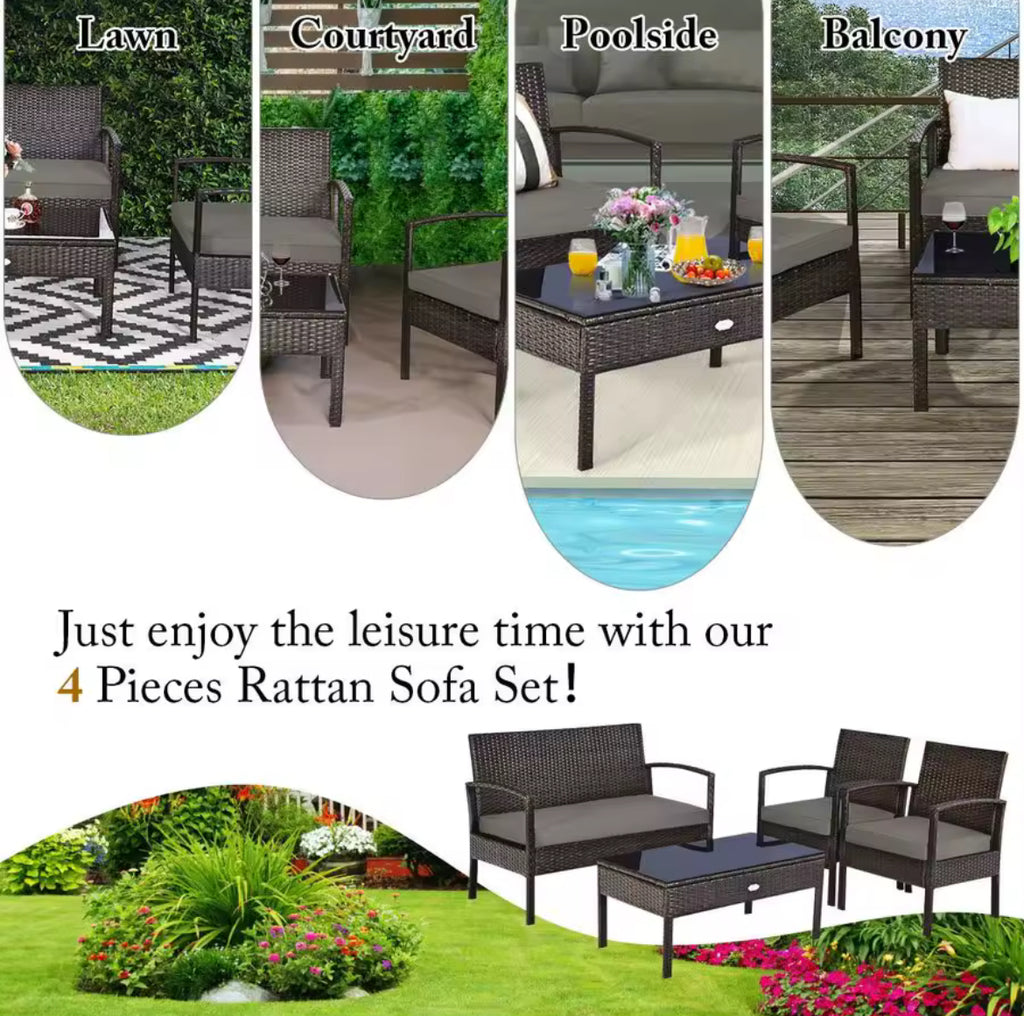 4-Piece Outdoor Patio Furniture Set w/ Glass Topped Table