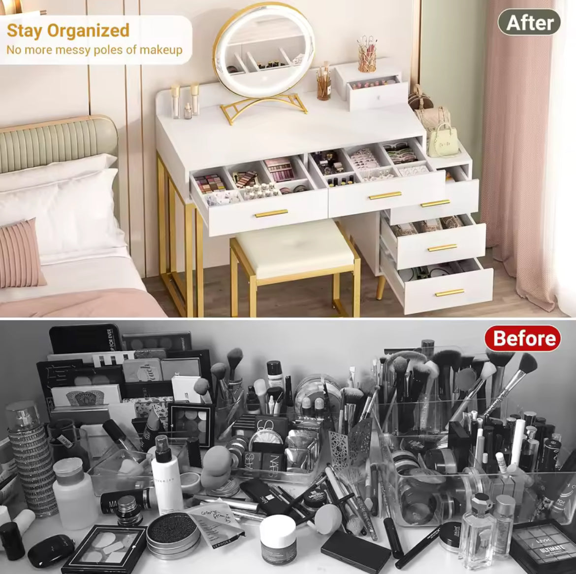 35” Vanity Desk w/ LED Mirror & 6 Drawers
