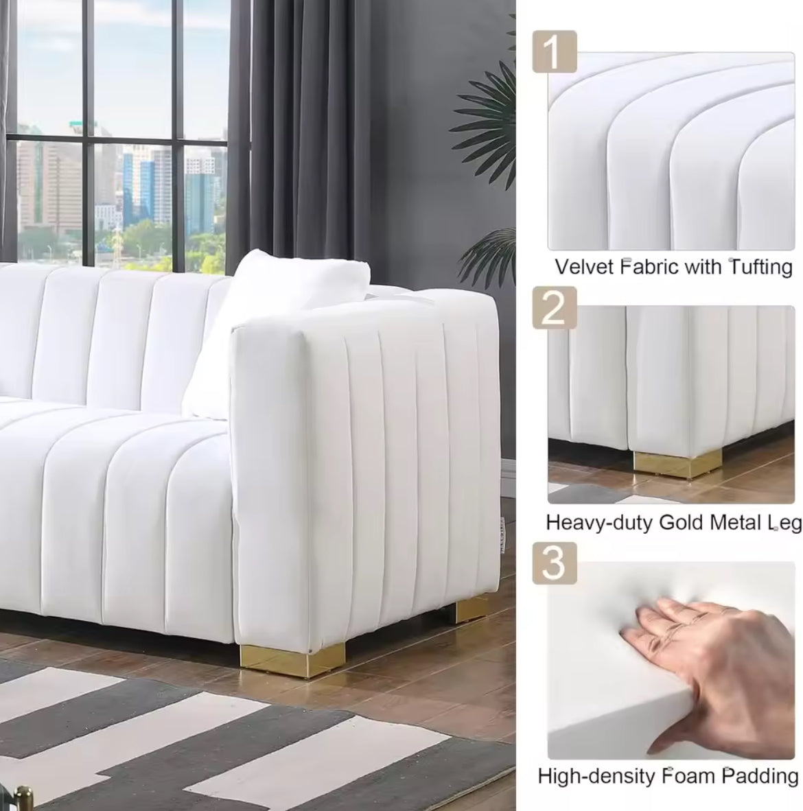 Channel Tufted Sofa Set w/ 2 Pillows