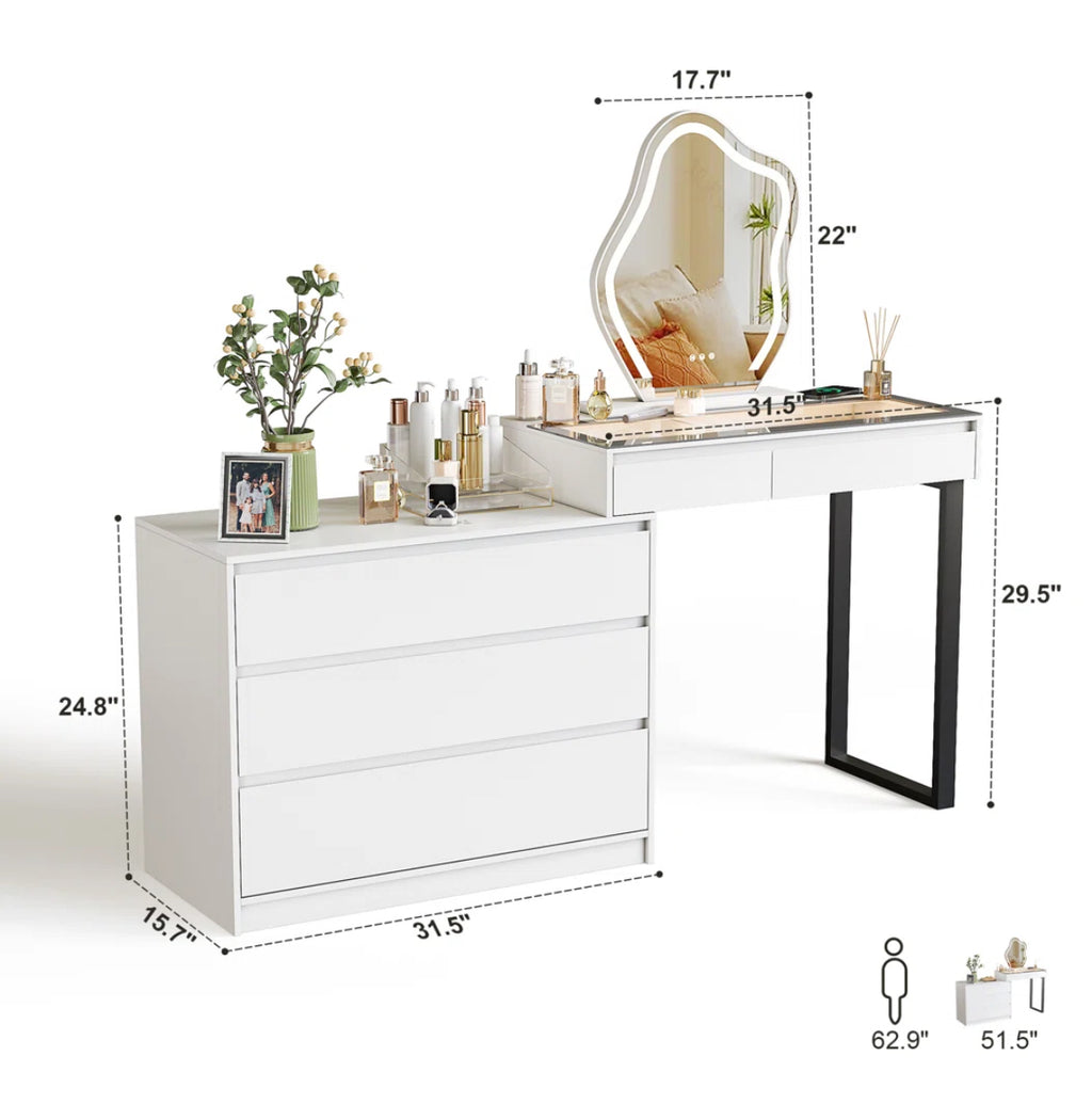 52” Vanity Desk w/ LED Lights & 4 Drawers