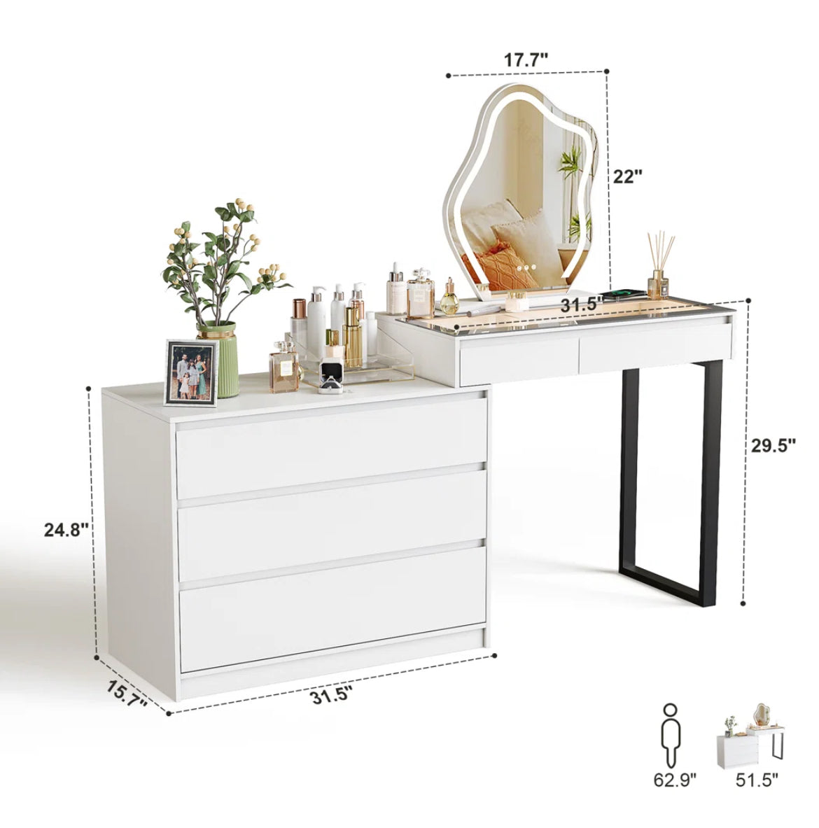 52” Vanity Desk w/ LED Lights & 4 Drawers