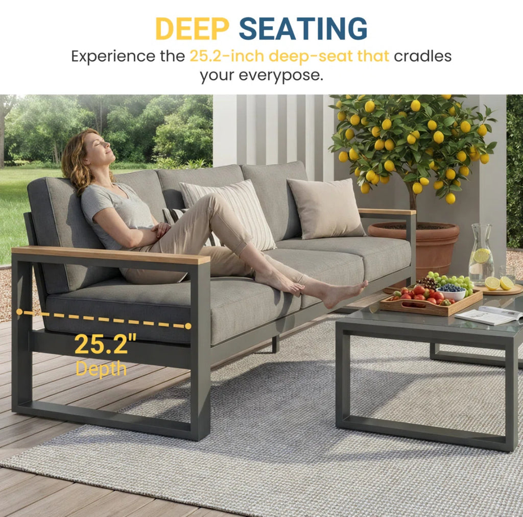 Outdoor Seating Group w/ Wood Armrest & Cushions