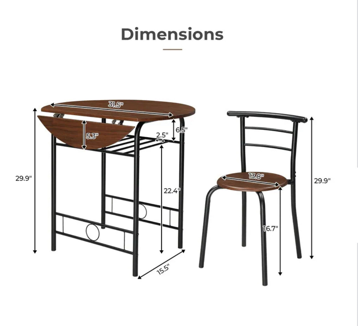 3-Piece Drop Leaf Dining Table Set for 2
