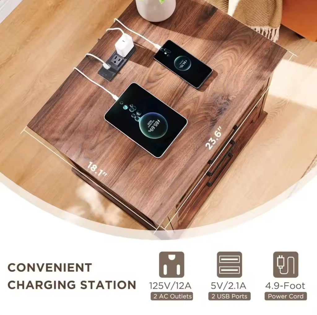 Farmhouse Nightstand w/ Charging Station & 3 Large Drawers