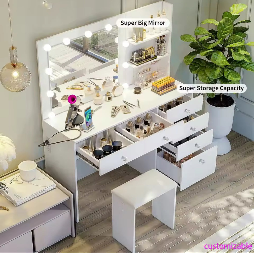 47" Vanity Desk w/ Outlet, 6 Drawers & Adjustable Lighting