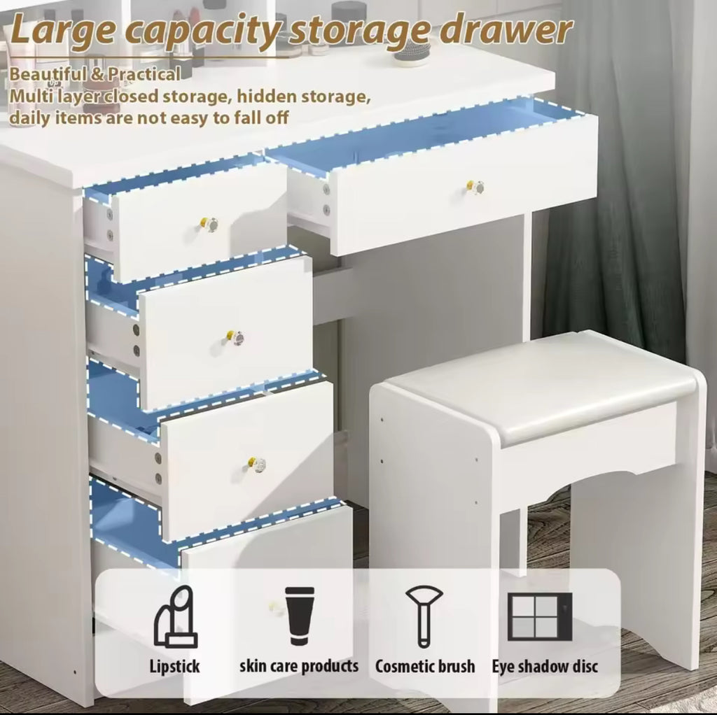 31” Vanity Desk w/ 5 Drawers, Side Storage & Cushioned Stool
