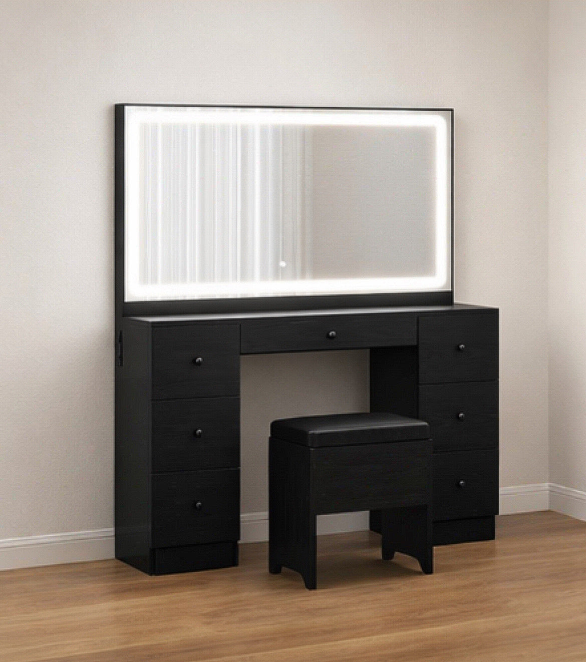 Vanity w/ LED Mirror, Power Outlet & 7 Drawers