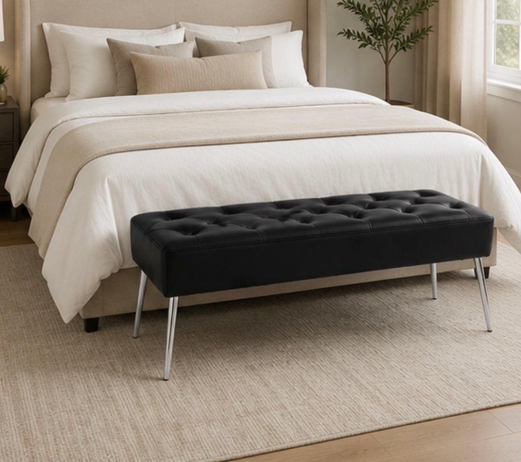 Modern Tufted Leather Bench w/ Metal Legs