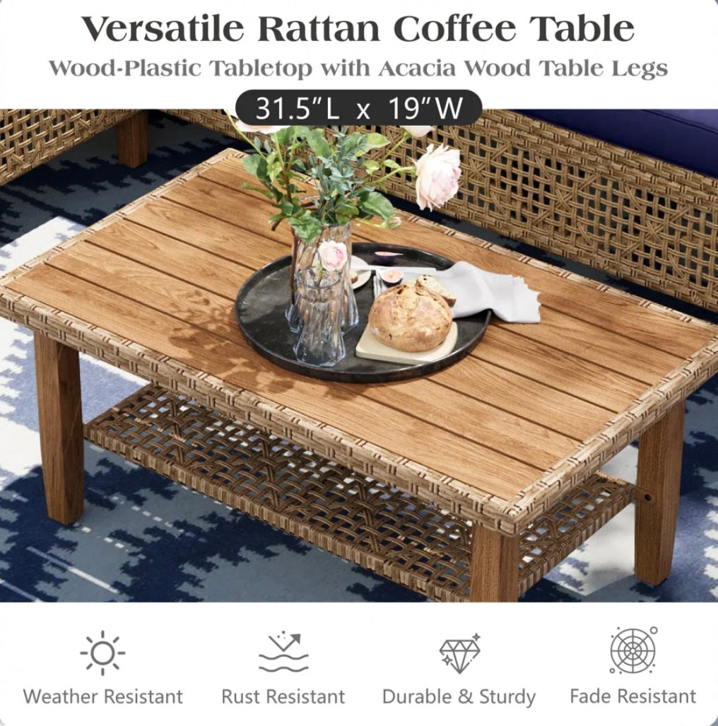 Wicker Patio Set w/ Wooden Coffee Table