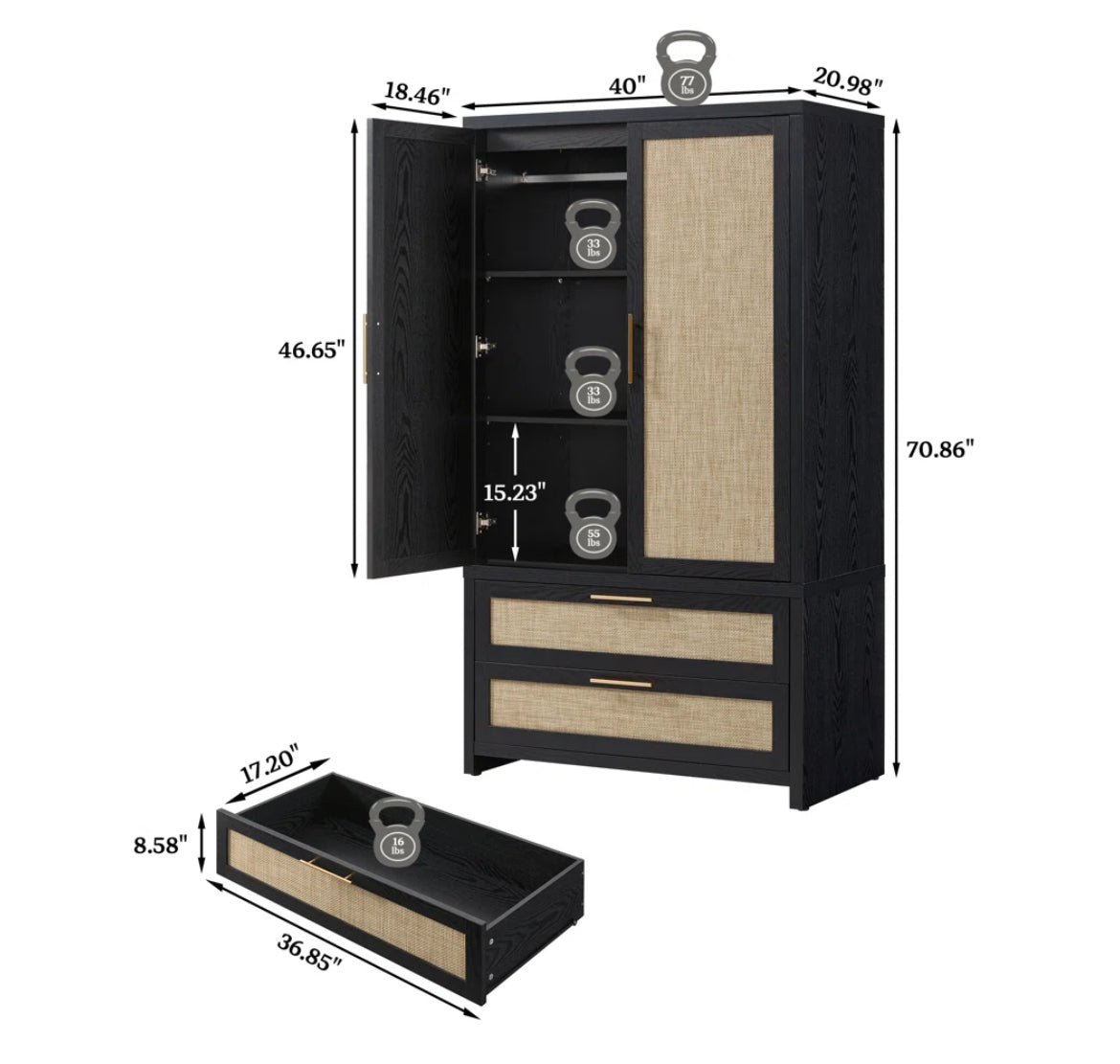 40” Rattan-Style Armoire w/ 2 Drawers