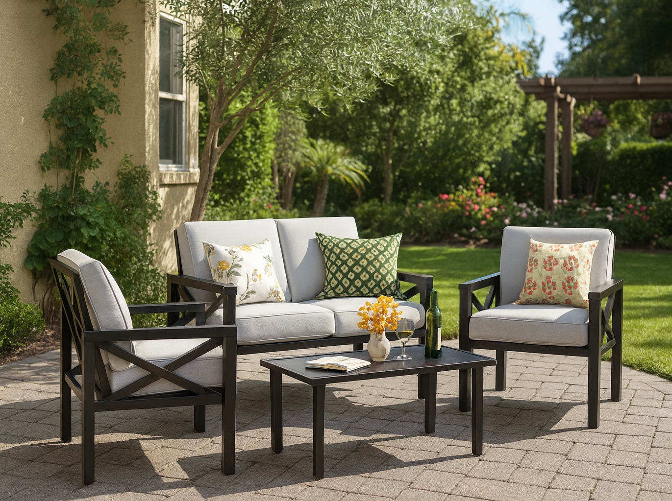 4-Piece Outdoor Patio Furniture Set w/ Thick Cushion & Low Table