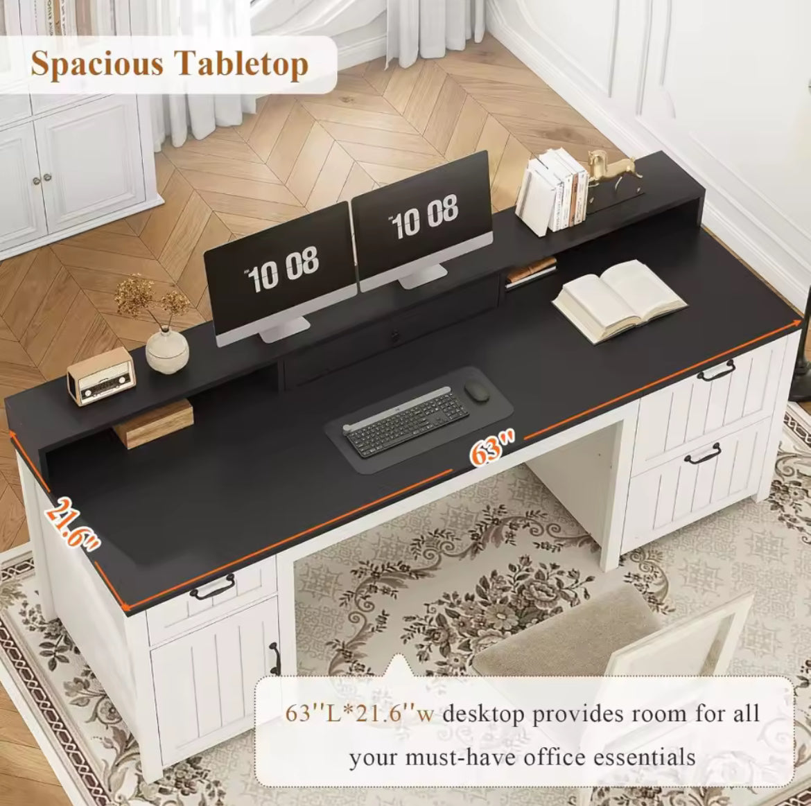 63” Office Desk w/ File Drawer & Monitor Stand