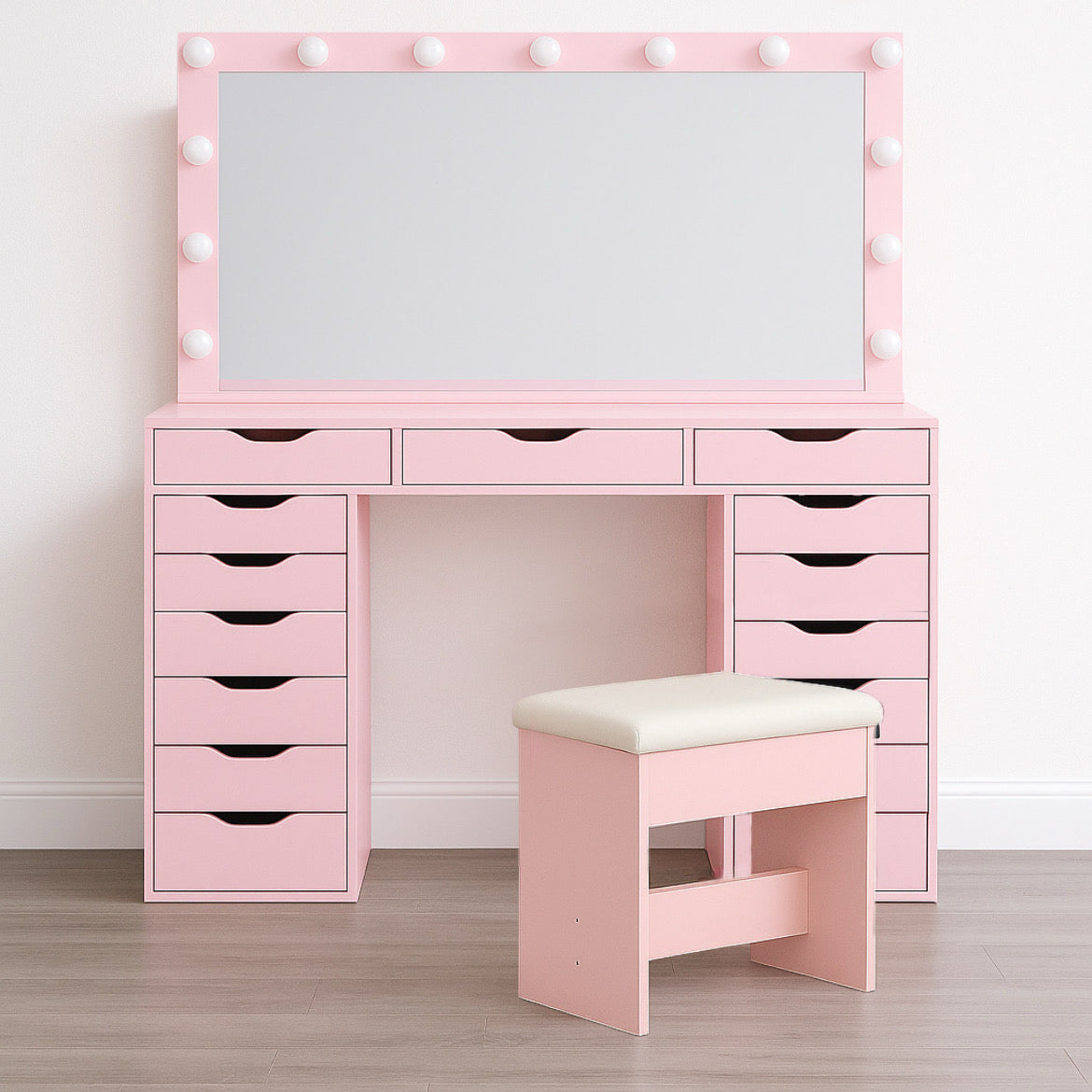 55” Vanity Desk w/ 3 Color Lighting Modes & 15 Drawers
