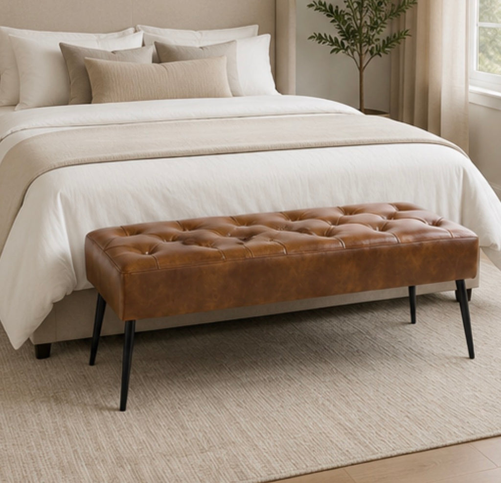 Modern Tufted Leather Bench w/ Metal Legs
