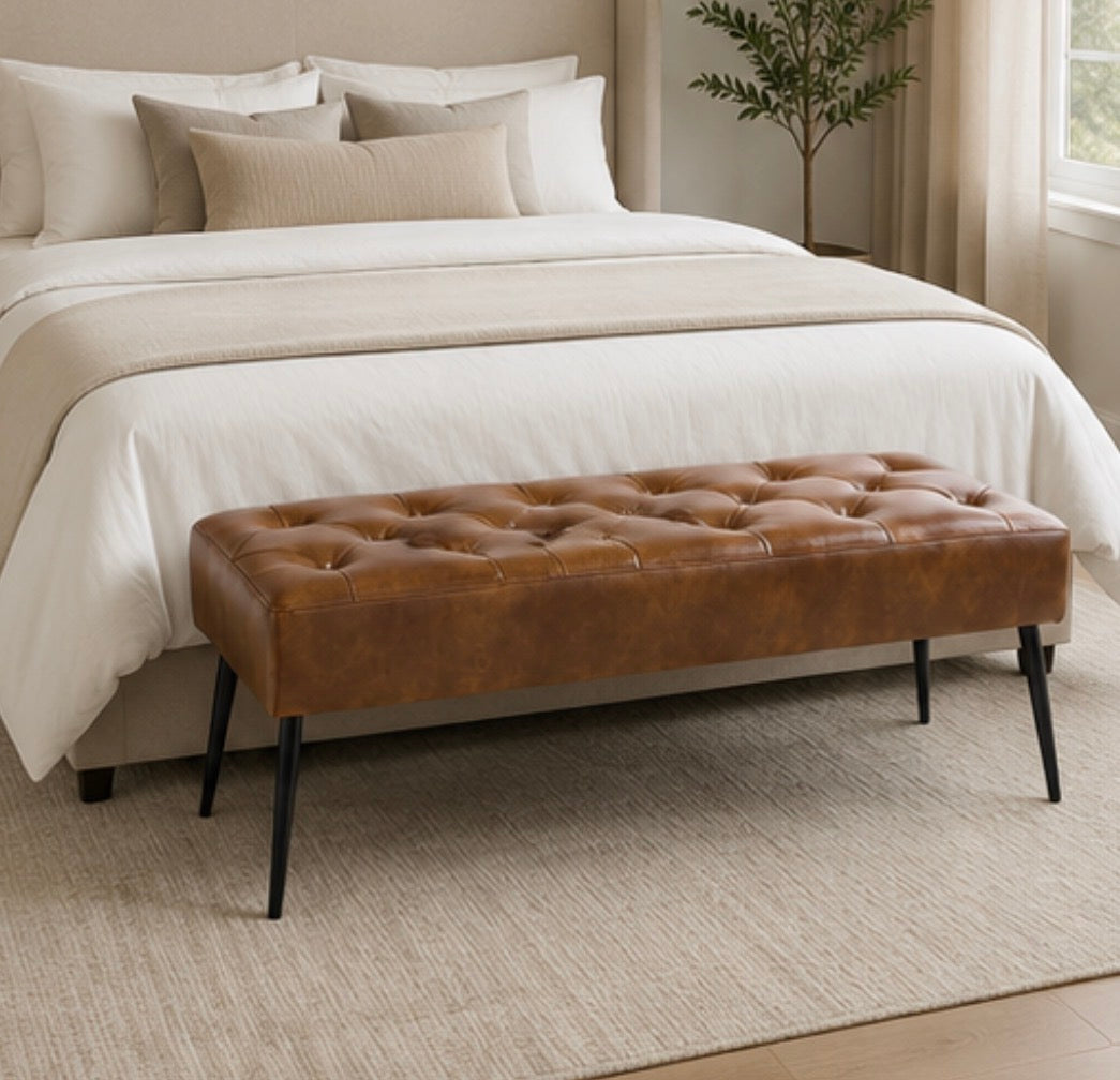 Modern Tufted Leather Bench w/ Metal Legs