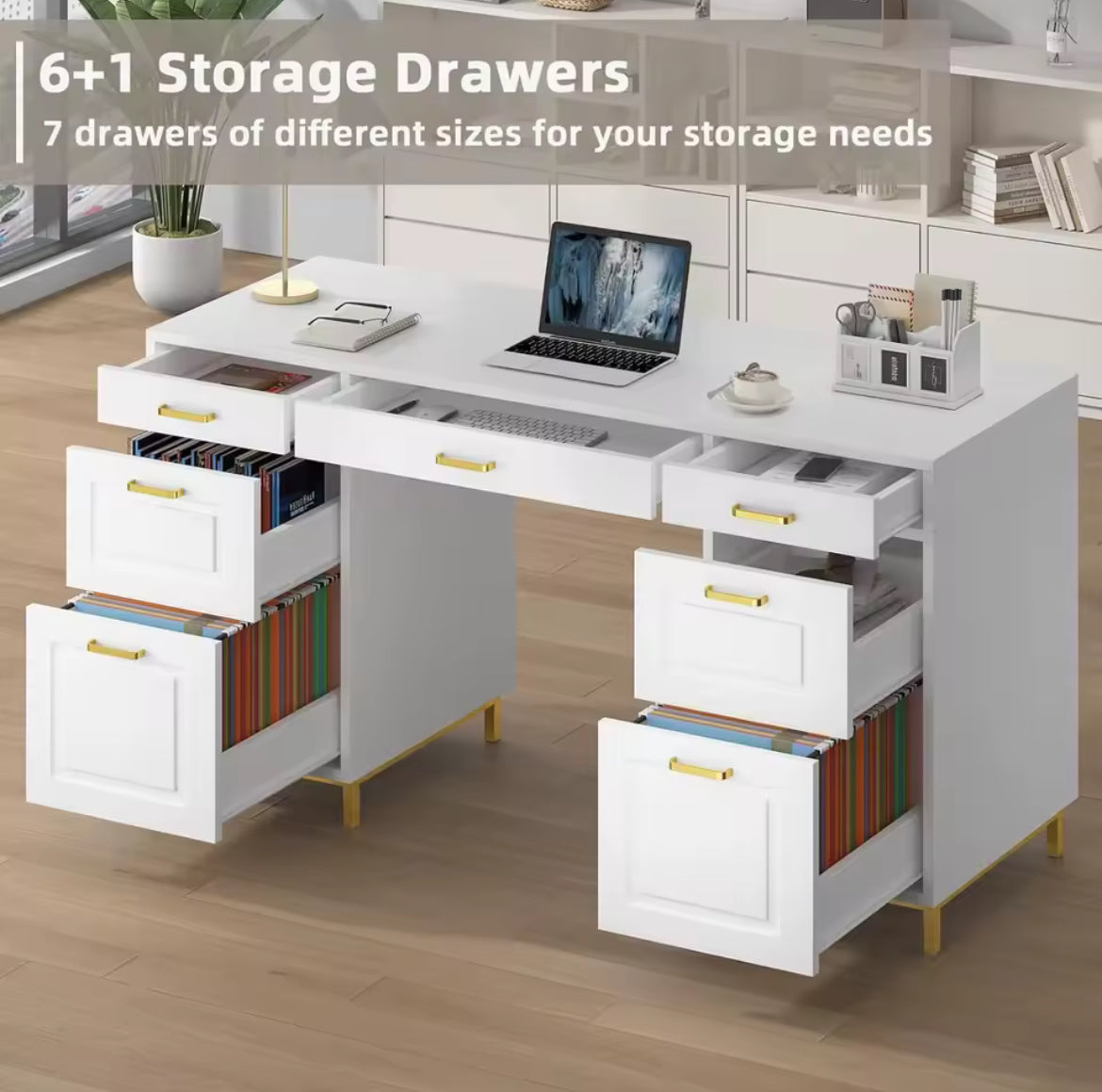 57” Luxury Desk w/ 7 Drawers & Gold Handles