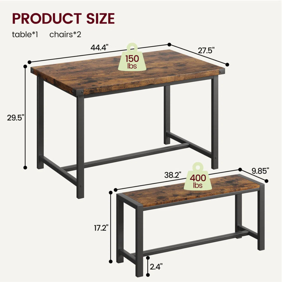 Rectangular Dining Table w/ Upholstered Benches Set for 4