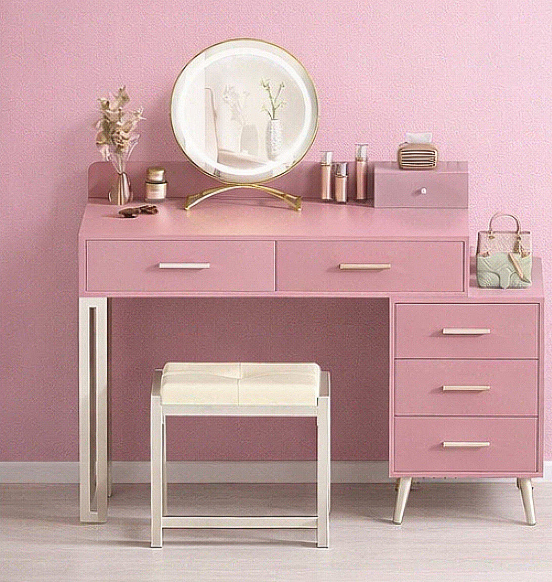 35” Vanity Desk w/ LED Mirror & 6 Drawers