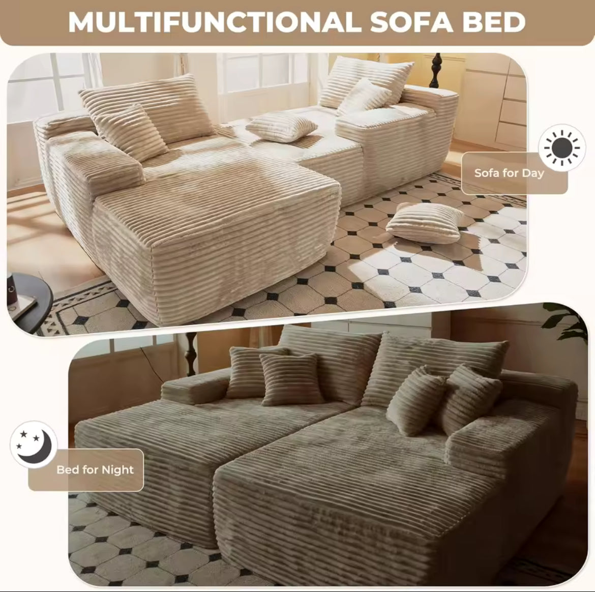 Oversized Multifunctional Sofa Bed w/ Throw Pillows