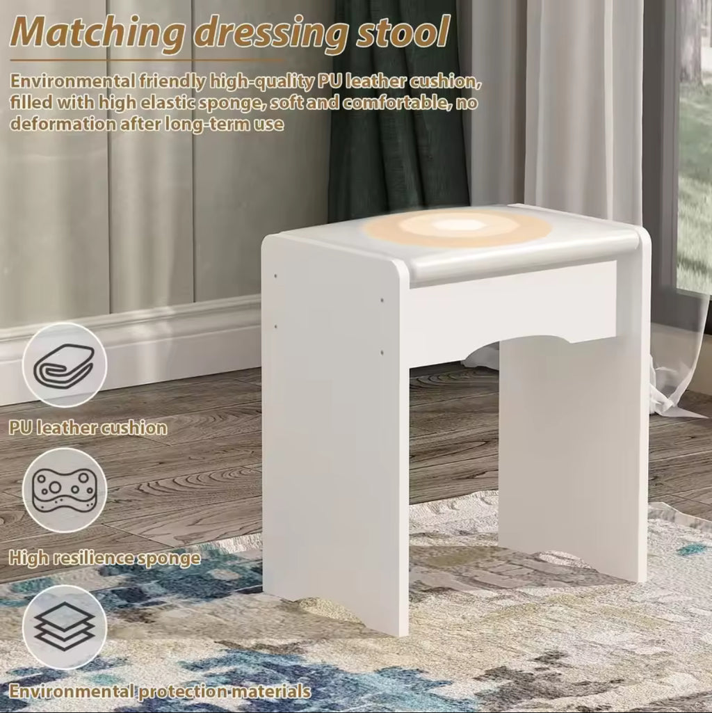 31” Vanity Desk w/ 5 Drawers, Side Storage & Cushioned Stool