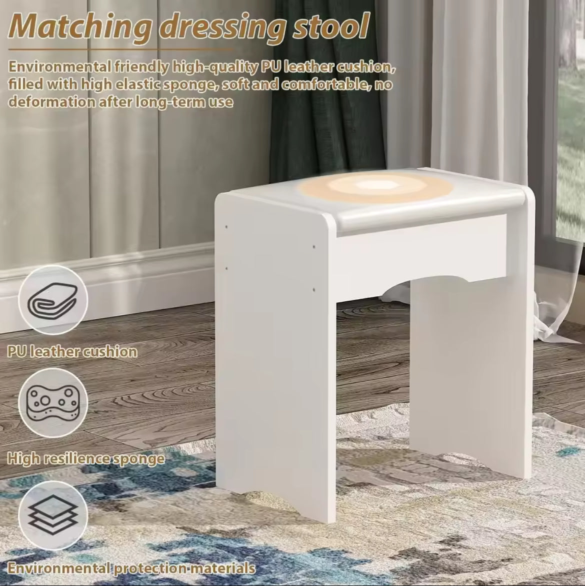 31” Vanity Desk w/ 5 Drawers, Side Storage & Cushioned Stool