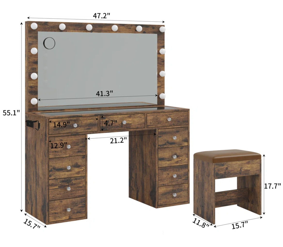 47” Vanity Desk w/ Power Outlet & 12 LED Lights