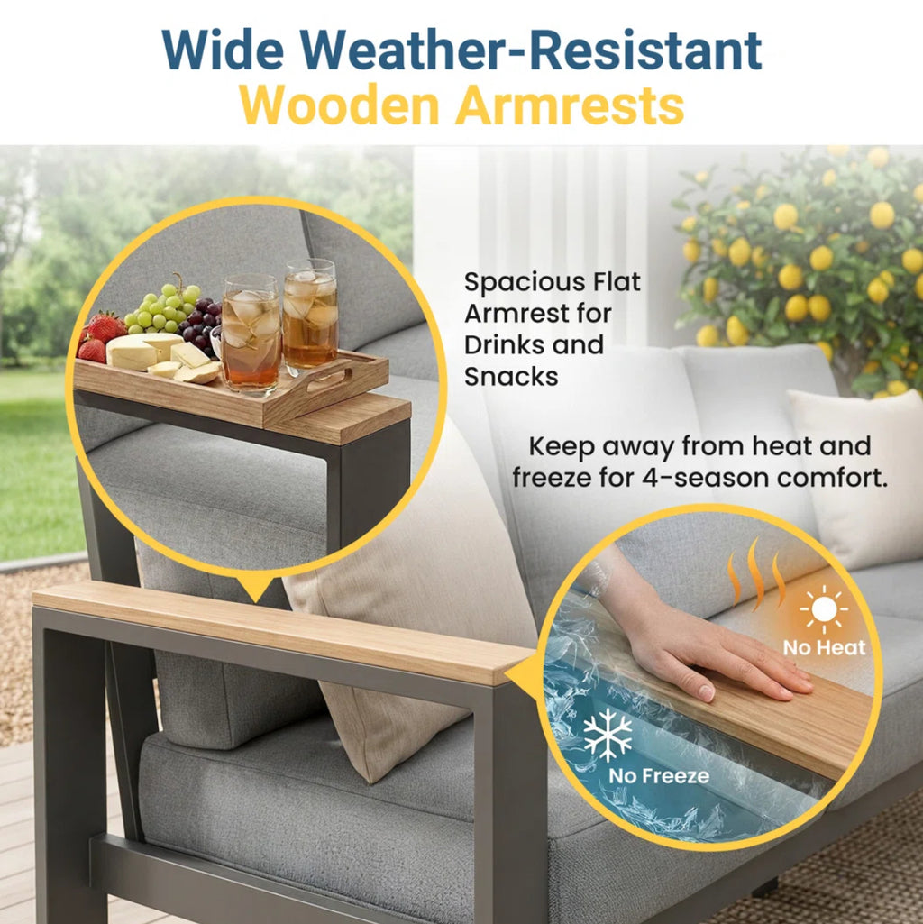 Outdoor Seating Group w/ Wood Armrest & Cushions