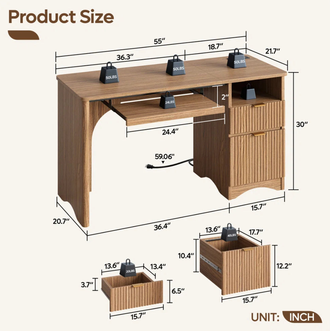 55” Fluted Desk w/ Drawers & Keyboard Tray