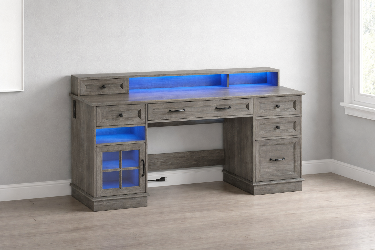 59” Computer Desk w/ 5 Drawers & Charging Station
