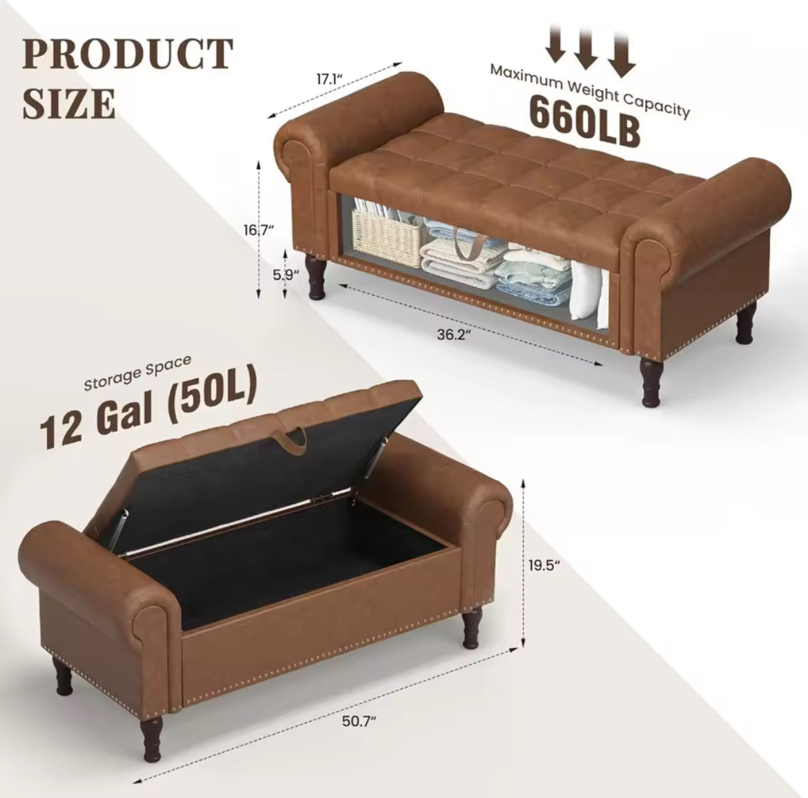 50” Tufted Storage Bench for Full/Queen Beds