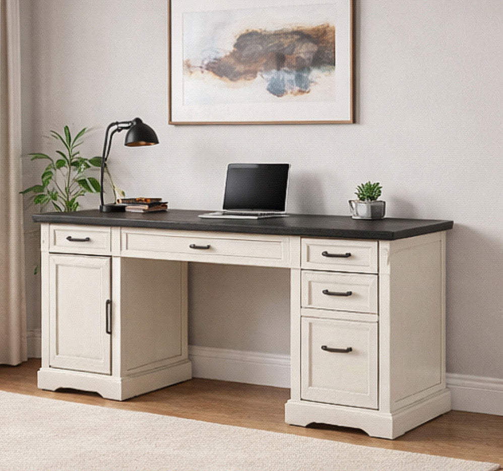 58" Farmhouse Executive Desk w/ Drawers & Power Outlets