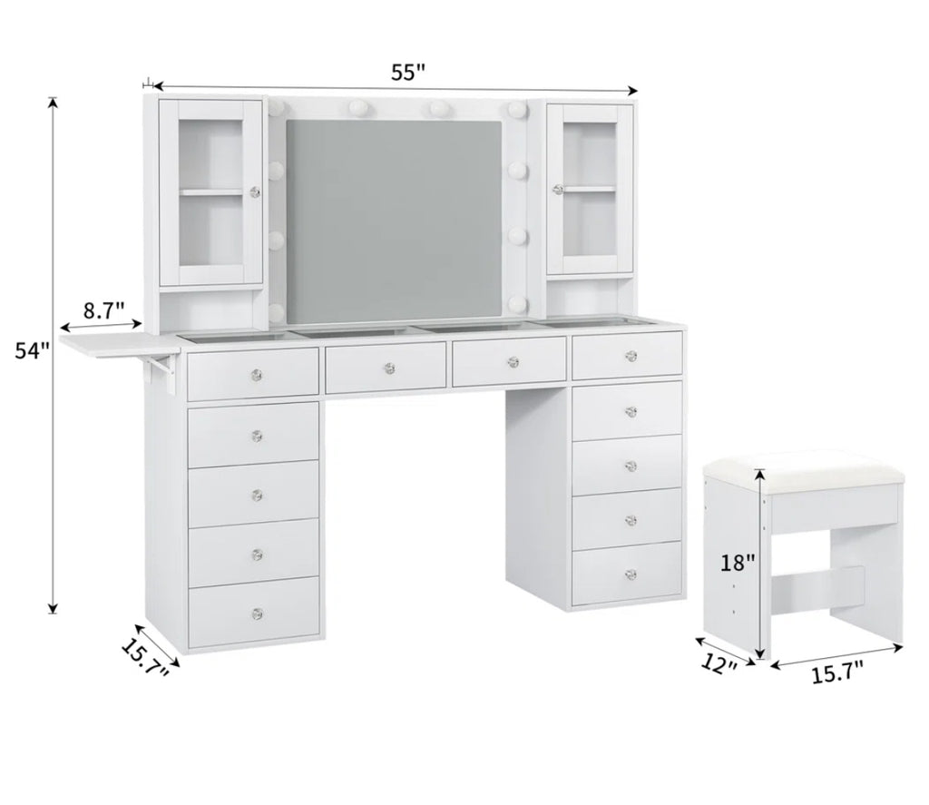55” Vanity Desk w/ Mirror & 10 LED Lights