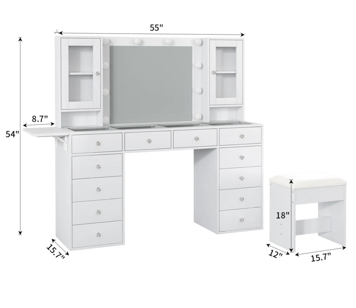 55” Vanity Desk w/ Mirror & 10 LED Lights