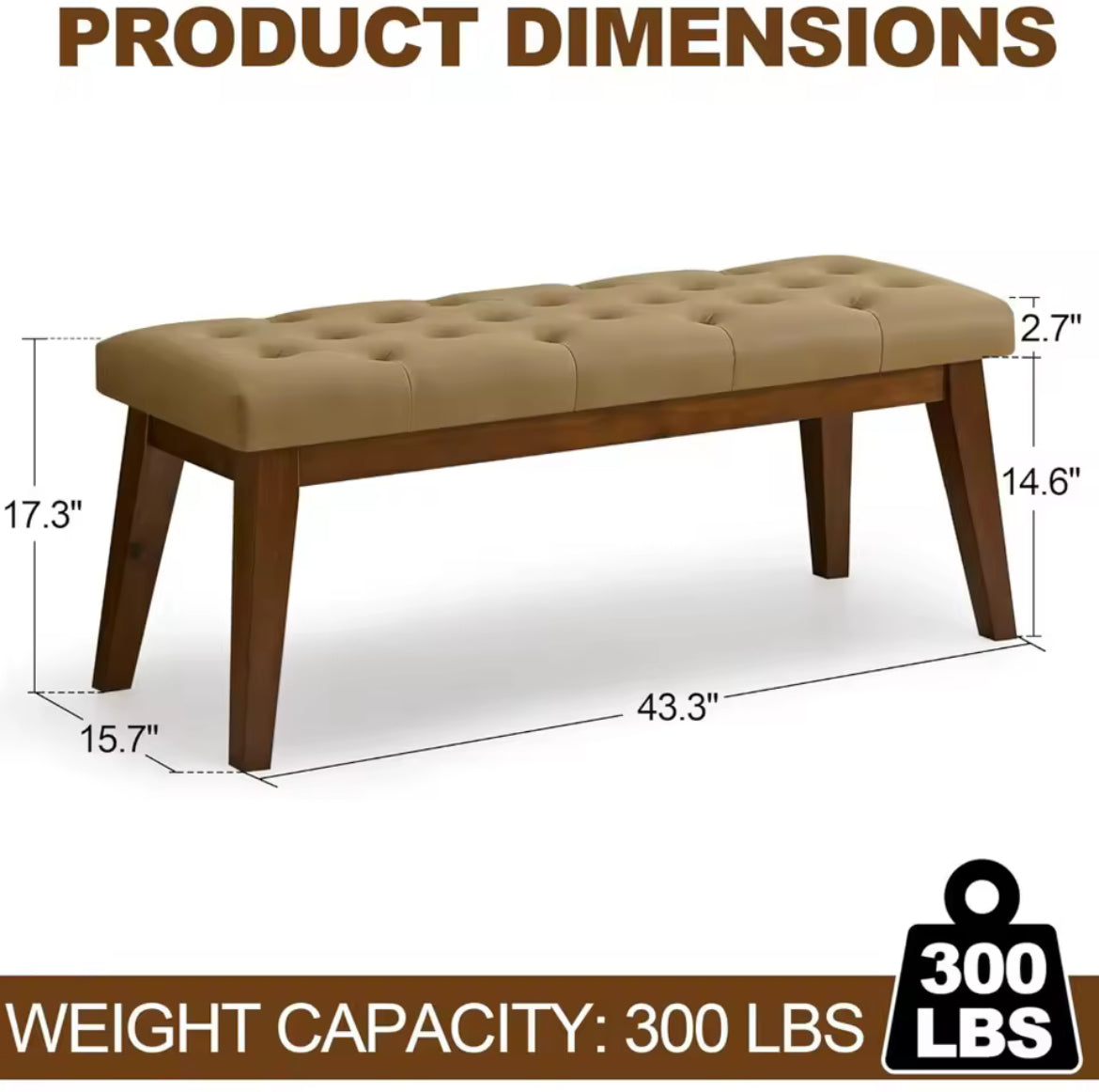 44" Tufted Upholstered Bench w/ Solid Wood Legs