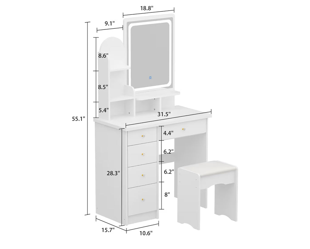 31” Vanity Desk w/ 5 Drawers, Side Storage & Cushioned Stool