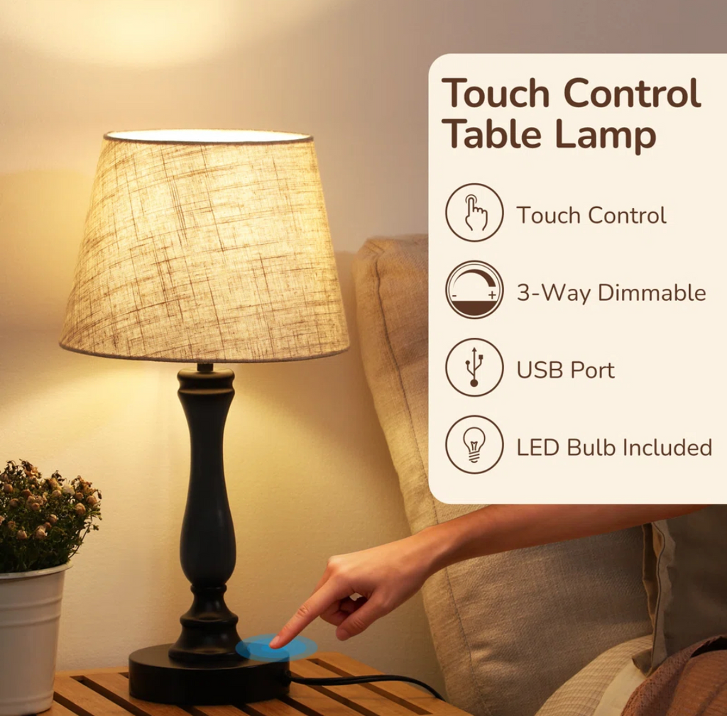 19" Table Lamp w/ USB & Touch Control