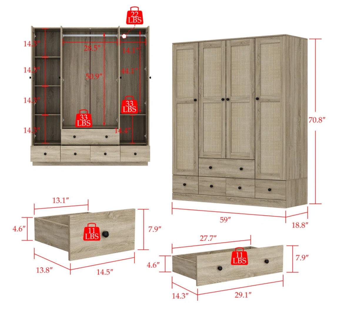 59” 4-Door Rattan Armoire