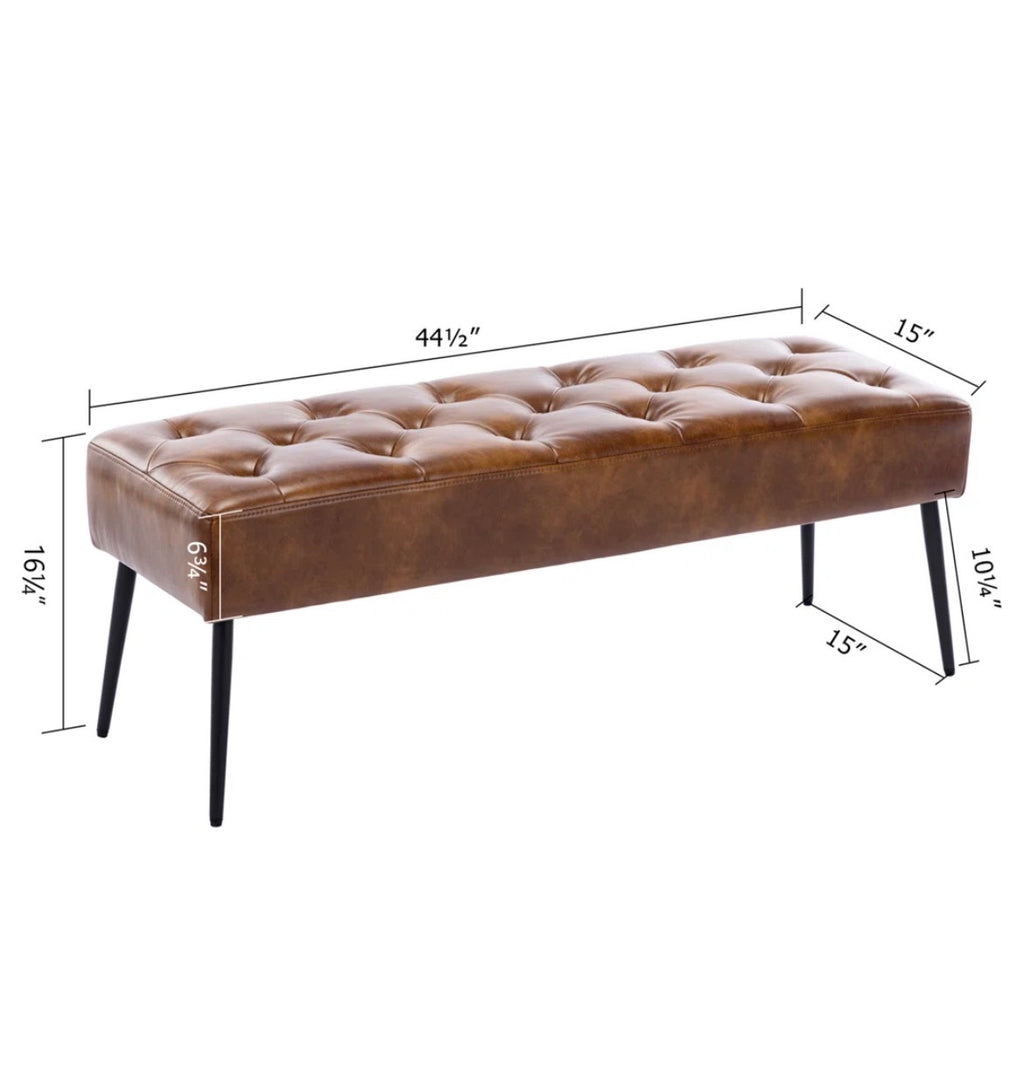 Modern Tufted Leather Bench w/ Metal Legs