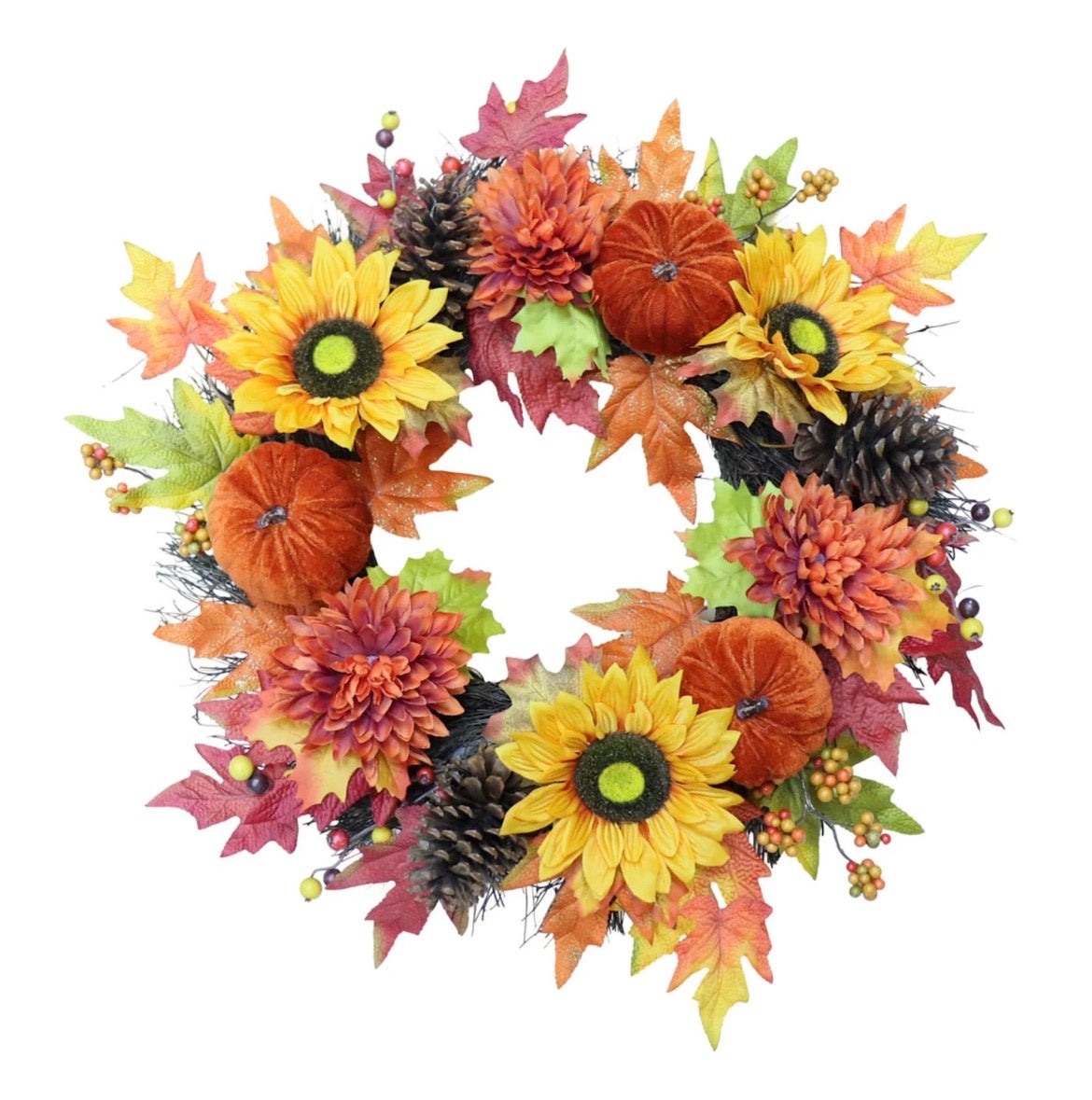 22” Autumn Wreath w/ Velvet Pumpkins