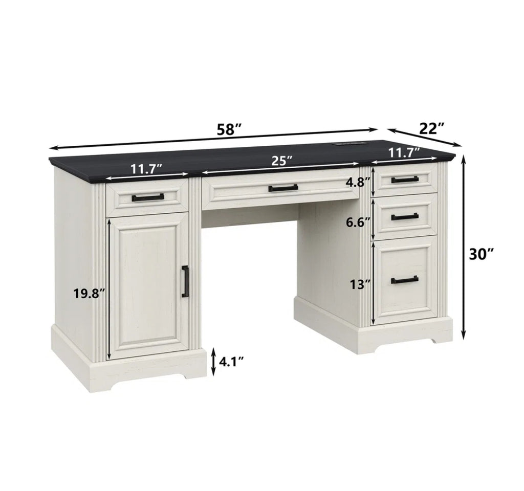 58" Farmhouse Executive Desk w/ Drawers & Power Outlets