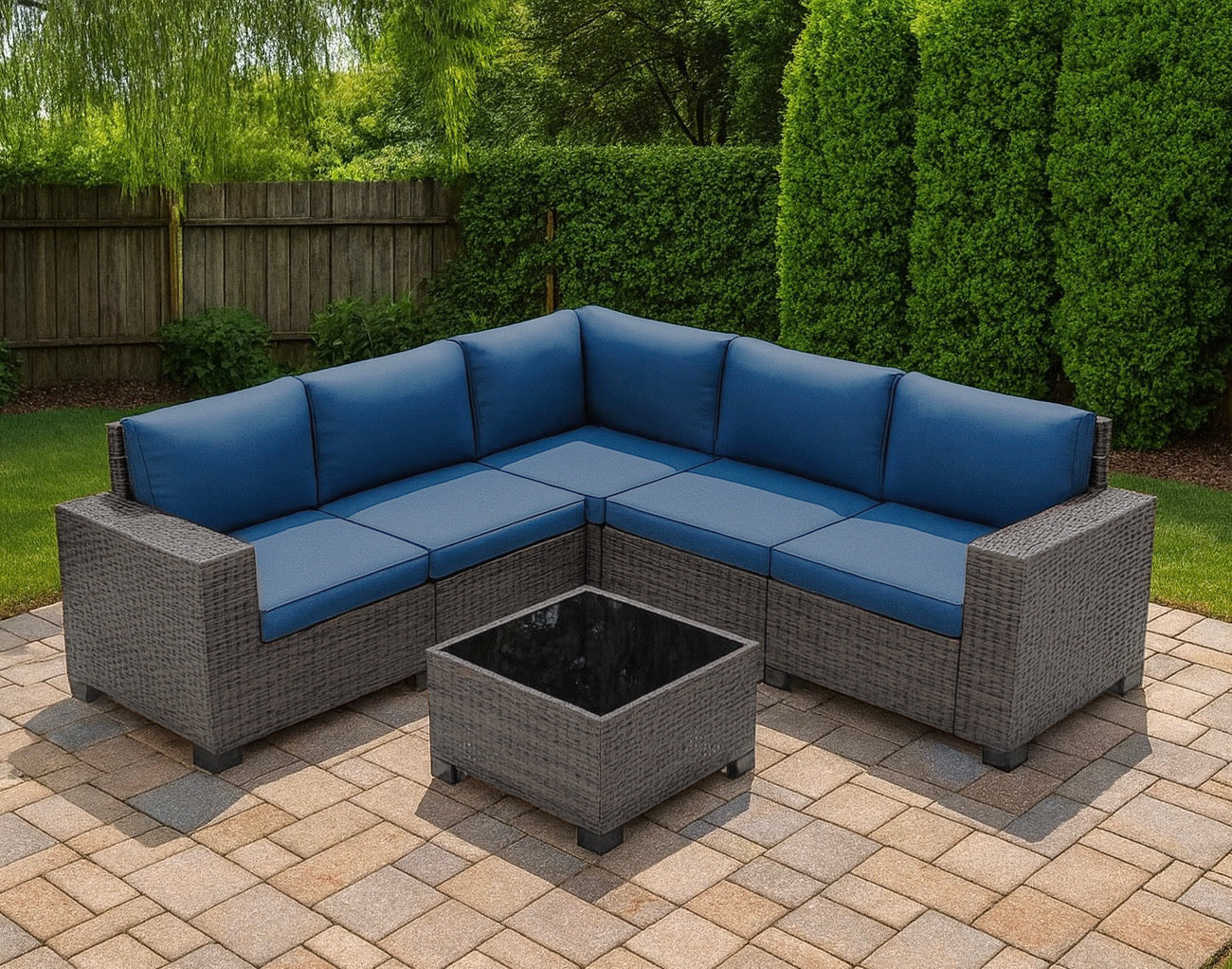 Multi-piece Outdoor Sectional Furniture Set w/ Glass Top Table